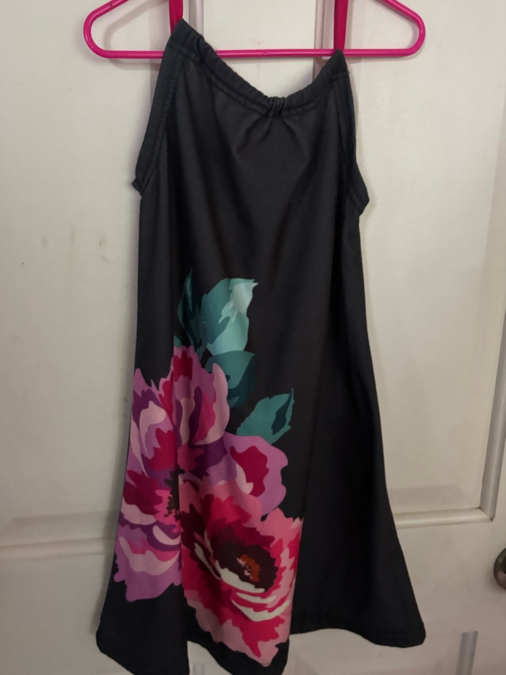 Girls Black Floral Slip Dress with Pink Floral Accent